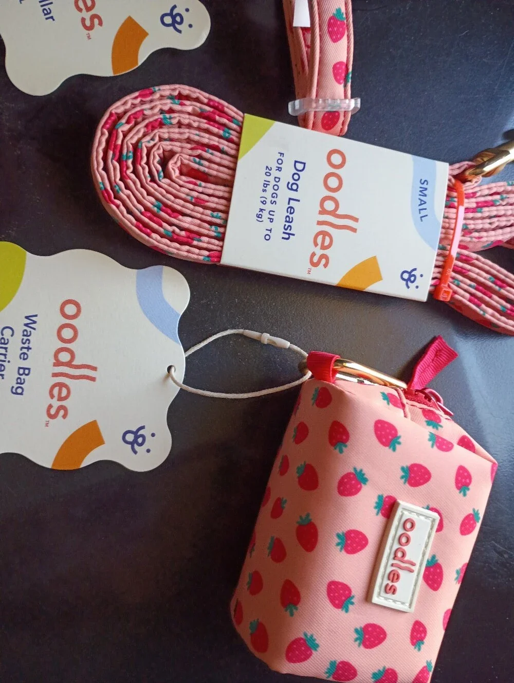 Oodles Pink Strawberry Pet Walking Set - Collar Leash Dispenser - Small